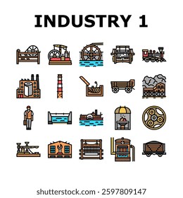 industry 1.0 industrialization icons set vector. mechanization steam, factories textiles, innovation, production machinery revolution industry 1.0 industrialization color line illustrations