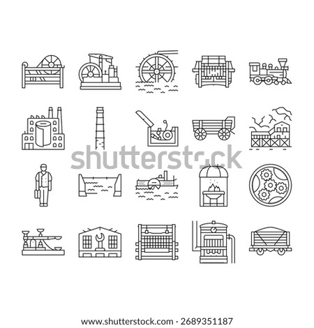 industry 1.0 industrialization icons set vector. mechanization steam, factories textiles, innovation, production machinery revolution industry 1.0 industrialization black contour illustrations
