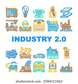 industry 2 automation icons set vector. robotics machinelearning, smartfactory digitalization, connectivity industry 2 automation color line illustrations