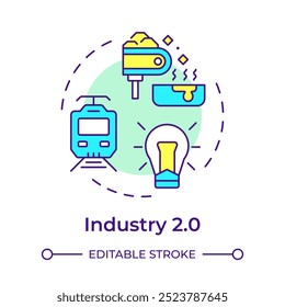 Ícone de conceito de várias cores do Industry 2.0. Segunda revolução industrial. Produção de eletricidade e de massa. Ilustração de linha de forma redonda. Ideia abstrata. Design gráfico. Fácil de usar no artigo