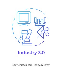 Ícone de conceito de gradiente azul da indústria 3.0. Terceira revolução industrial. Transformação digital. Computadores. Ilustração de linha de forma redonda. Ideia abstrata. Design gráfico. Fácil de usar no artigo