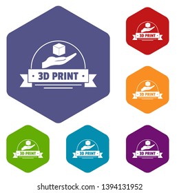 Industry 3d printing icons vector colorful hexahedron set collection isolated on white 