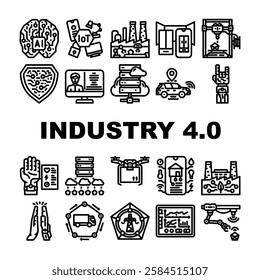 industry 4 automation robotics icons set vector. cybersecurity bigdata, analytics cloud, smart, connectivity sensors, machine learning industry 4 automation robotics black contour illustrations