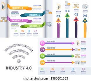 Industry 4 and Chronology Infographics Elements. Business Control, Modern Thin Line Icon Presentation Design. Vector Internet of Things, Data Network, Future, Automation Illustration Set