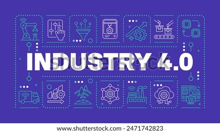 Industry 4 dark blue word concept. Fourth industrial revolution. Digital transformation. Horizontal vector image. Headline text surrounded by editable outline icons