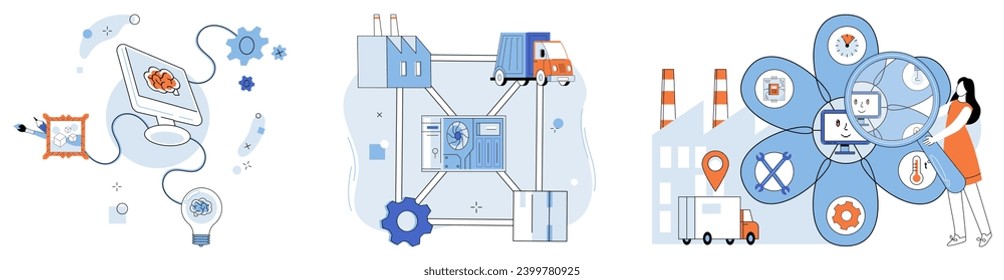 Industria 4 ilustración vectorial. Cosas de internet IoT tejen información de tapices en la evolución digital de tejidos En ballet cibernético, piruetas de inteligencia artificial a través de corredores de innovación