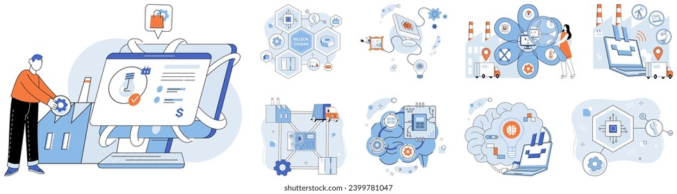 Industry 4 vector illustration. In metaverse business, decisions echo through network innovative solutions The digitization dance in industry 4 concept transforms business into connected symphony