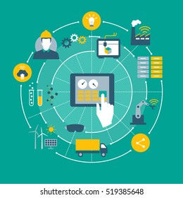 Industry 4.0, automation, internet of things concepts and tablet with human machine interface