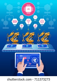 Industry 4.0, automation, internet of things concepts and tablet with human machine interface. Vector illustration