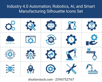 Industry 4.0 Automation Robotics, AI, Smart Manufacturing, Cloud Computing Silhouette Icons Set. robotics, automation, AI, cloud computing