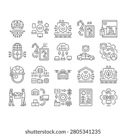 industry 4.0 automation robotics icons set vector. cybersecurity bigdata, analytics, cloud smart, connectivity, sensors industry 4.0 automation robotics black contour illustrations