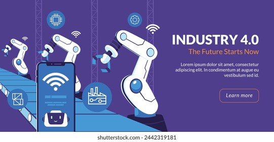 Industry 4.0 Background. fourth industrial revolution. smart industrial revolution, automation, robot assistants, iot, cloud and bigdata. Industry 4.0 banner.