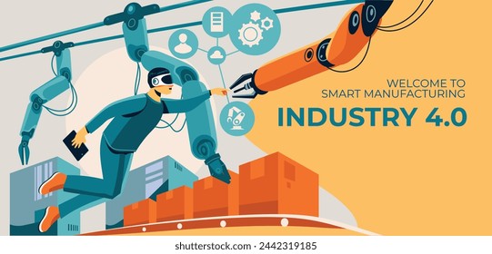 Industry 4.0 Background. fourth industrial revolution. smart industrial revolution, automation, robot assistants, iot, cloud and bigdata. Industry 4.0 banner.