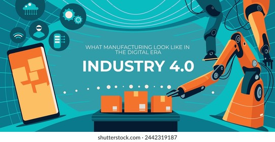 Industry 4.0 Background. fourth industrial revolution. smart industrial revolution, automation, robot assistants, iot, cloud and bigdata. Industry 4.0 banner.