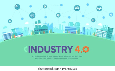 Industry 4.0 banner of productions icon set on Urban landscape by smart industrial revolution, robot assistants, automation, cloud and bigdata. internet of things