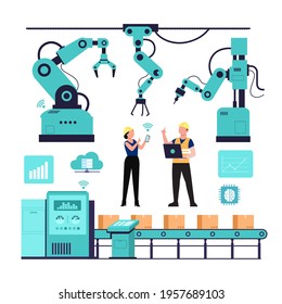 Industry 4.0 banner with programmer and robotic arm. Smart industrial revolution in factory process, Isolated flat vector illustration