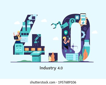 Industry 4.0 banner with programmer or worker and robotic arm. Smart industrial revolution in factory process, Numeric design Isolated flat vector illustration