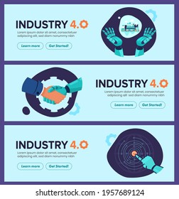 Industry 4.0 banner with robotic arm. Smart industrial revolution in factory process, Isolated flat vector illustration