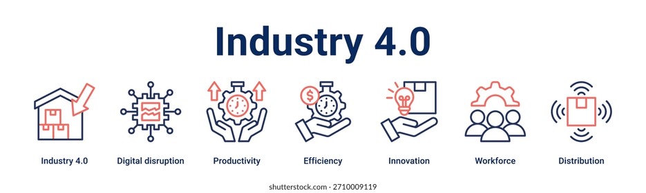 Industry 4.0 banner web icon vetorial illustration concept for business com o ícone da Indústria 4.0, interrupção digital, produtividade, eficiência, inovação, força de trabalho.