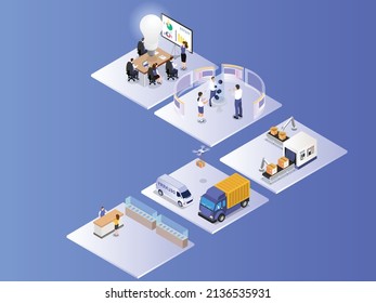 Industria 4.0 de brainstorming - prototipo - producción - entrega - concepto de vector 3d isométrico minorista para banner, sitio web, ilustración, página de aterrizaje, volante, etc.