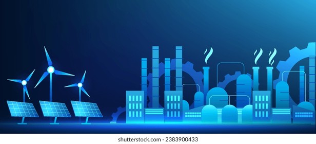 Industria 4.0 Tecnología empresarial La fábrica en el lateral tiene molinos de viento y células solares. Se refiere a la industria manufacturera que utiliza energía limpia y está totalmente automatizada. Se utiliza inteligencia artificial