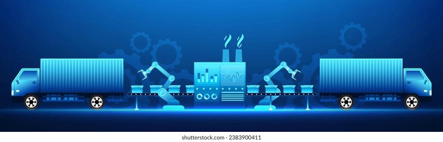 Industry 4.0 business technology, manufacturing industry where machines and machines are working together with transport vehicles. It represents modern industry that is fully automated.