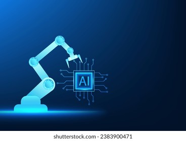 Industry 4.0 business technology, mechanical arm holding ai microchip plan. It refers to the modern manufacturing industry that is fully automated and uses artificial intelligence to help.