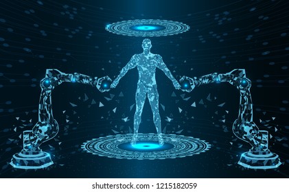 industry 4.0 concept background.Robot arm, Artificial intelligence human.Low Poly wire frame technology.Futuristic concept.Cyber technology wire network futuristic.space .Vector illustration.