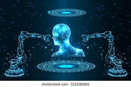 industry 4.0 concept background.Robot arm, head Artificial intelligence human.Low Poly wire frame technology.Futuristic concept.Cyber technology wire network futuristic.space .Vector illustration.