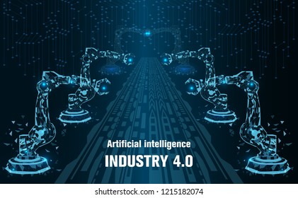 industry 4.0 concept background.Robot arm, Artificial intelligence.Low Poly wire frame technology.Futuristic concept.Cyber technology wire network futuristic wire frame.space .Vector illustration.