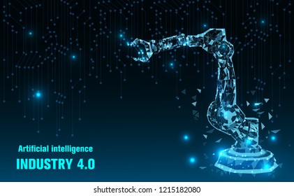 industry 4.0 concept background.Robot arm, Artificial intelligence.Low Poly wire frame technology.Futuristic concept.Cyber technology wire network futuristic wire frame.space .Vector illustration.