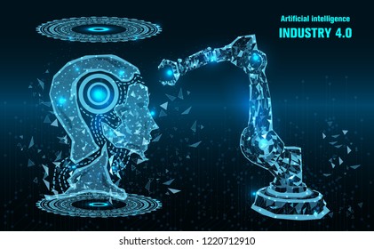 industry 4.0 concept background.Robot arm, head Artificial intelligence.Low Poly wire frame technology.Futuristic concept.Cyber technology wire network futuristic.space .Vector illustration.