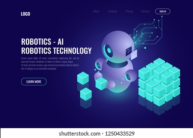 Industry 4.0 concept, big data isometric robotics technology, automating the process with a robot, organize and sort data, 3d vector dark background