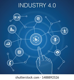 Industry 4.0 concept, blue background. internet, automation, manufacturing, computing icons