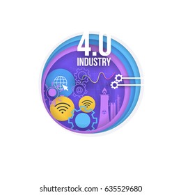 Industry 4.0 Concept Bubbles with Geometric Frame Vector Background. Paper Art Style Business Future