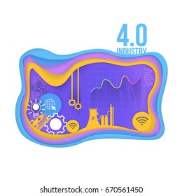 Industry 4.0 Concept Bubbles with Geometric Frame Vector Background. Paper Art Style Business Future