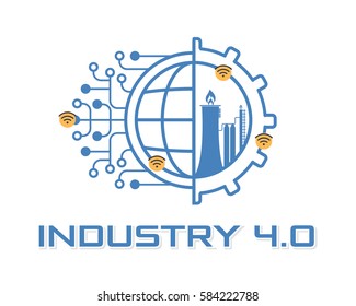 Industry 4.0 Concept Business Control or Logo, Modern Thin Line Icon Presentation Design. Internet of Things, World, Factory and Wheel Eclectic Illustration. Flat Web Infographics Elements