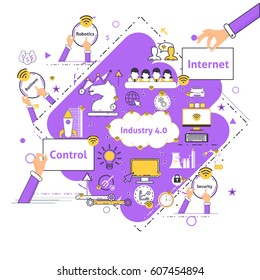 Industry 4.0 Concept Business Control, Modern Thin Line Icon Presentation Design. Internet of Things, Cloud Computing, Network, Future, Automation Detailed Illustration. Web Infographics Elements