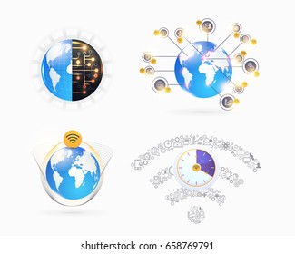 Industry 4.0 Concept Business Control, Earth Icon Presentation Design. Internet of Things, Cloud Computing, Wireless and Network, Future, Automation Illustration Symbol Template Set