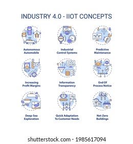 Industry 4.0 concept icons set. Cyber-physical systems idea thin line RGB color illustrations. IIoT. Predictive maintenance. Information transparency. Vector isolated outline drawings. Editable stroke