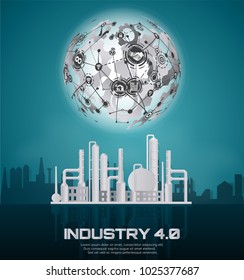 Industry 4.0 concept image. industrial instruments in the factory with cyber and physical system icons ,Internet of things network.