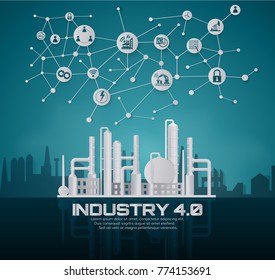 Industry 4.0 concept image. industrial instruments in the factory with cyber and physical system icons ,Internet of things network,paper art style