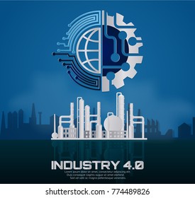 Industry 4.0 concept image. industrial instruments in the factory with cyber and physical system icons ,Internet of things network,paper art style