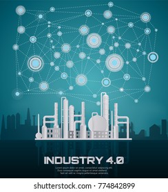 Industry 4.0 concept image. industrial instruments in the factory with cyber and physical system icons ,Internet of things network,paper art style