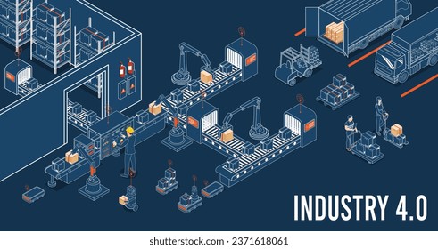 Industry 4.0 concept with Internet of Things (IoT), Cloud computing, AI and machine learning, Edge computing, Cybersecurity and Digital twin. Vector illustration eps10