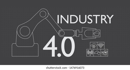 Industry 4.0 concept. Outline of robotic arm and blocks with industrial internet of things (IIOT) icons with text and grids over grey background. EPS 10 vector