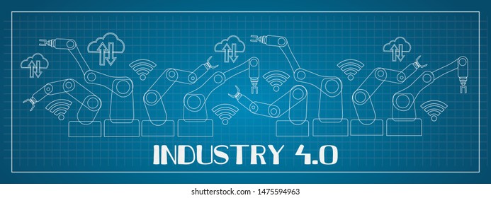 Industry 4.0 Concept. Robotic Arms With Internet Of Things Icons Such As Wireless Communication Network And Cloud Computing Over Blue Background. Banner Or Panoramic Format. EPS 10 Vector.