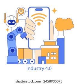 Industry 4.0 concept. Robotics and advanced communication technologies integration in manufacturing. Smart factory automation and IoT. Vector illustration.