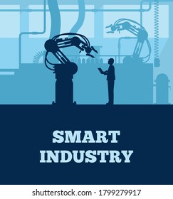 Industry 4.0 concept, Silhouette of automated production line with worker. Vector