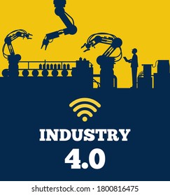 Industry 4.0 Concept, Silhouette Of Automated Production Line With Worker. Vector